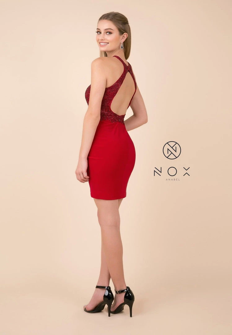 Prom Short Bodycon Halter Dress With Beaded Appliques By Nox Anabel E697 7 Prom Short Bodycon Halter Dress With Beaded Appliques By Nox Anabel E697
