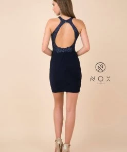 Prom Short Bodycon Halter Dress With Beaded Appliques By Nox Anabel E697 18 Prom Short Bodycon Halter Dress With Beaded Appliques By Nox Anabel E697