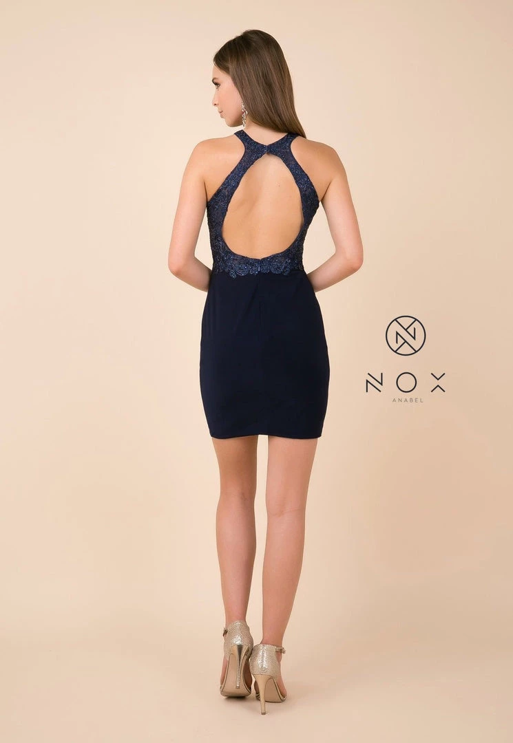 Prom Short Bodycon Halter Dress With Beaded Appliques By Nox Anabel E697 10 Prom Short Bodycon Halter Dress With Beaded Appliques By Nox Anabel E697