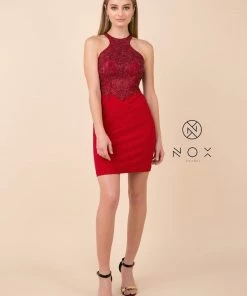 Prom Short Bodycon Halter Dress With Beaded Appliques By Nox Anabel E697 14 Prom Short Bodycon Halter Dress With Beaded Appliques By Nox Anabel E697