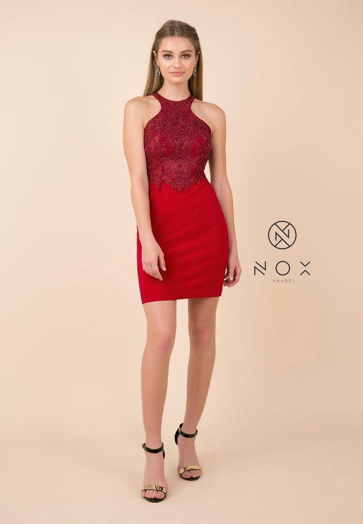 Prom Short Bodycon Halter Dress With Beaded Appliques By Nox Anabel E697 6 Prom Short Bodycon Halter Dress With Beaded Appliques By Nox Anabel E697