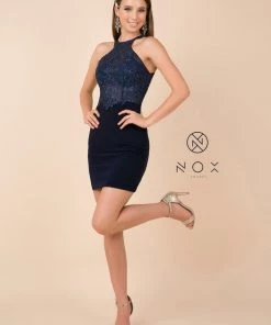 Prom Short Bodycon Halter Dress With Beaded Appliques By Nox Anabel E697 16 Prom Short Bodycon Halter Dress With Beaded Appliques By Nox Anabel E697