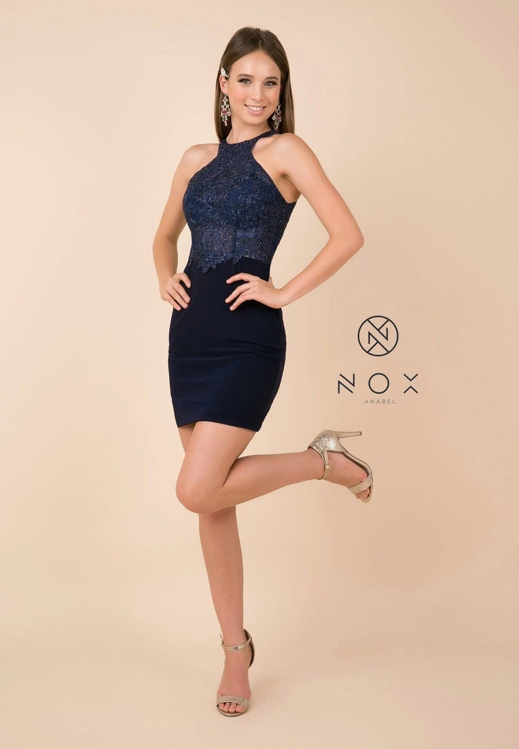 Prom Short Bodycon Halter Dress With Beaded Appliques By Nox Anabel E697 8 Prom Short Bodycon Halter Dress With Beaded Appliques By Nox Anabel E697