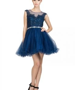 Short Cap Sleeve Dress With Beaded Lace Appliques By Star Box 6165 Prom