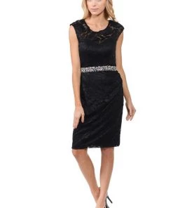 Prom Short Cap Sleeve Lace Dress With Beaded Waist By Lenovia 5140