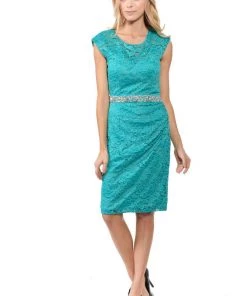 Prom Short Cap Sleeve Lace Dress With Beaded Waist By Lenovia 5140