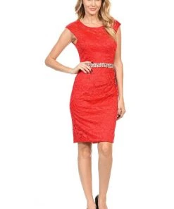 Prom Short Cap Sleeve Lace Dress With Beaded Waist By Lenovia 5140