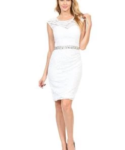 Prom Short Cap Sleeve Lace Dress With Beaded Waist By Lenovia 5140