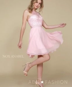 Short Chiffon Dress With Embroidered Bodice By Nox Anabel Y629 Prom