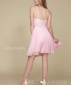 Short Chiffon Dress With Embroidered Bodice By Nox Anabel Y629 Prom