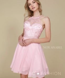 Short Chiffon Dress With Embroidered Bodice By Nox Anabel Y629 Prom