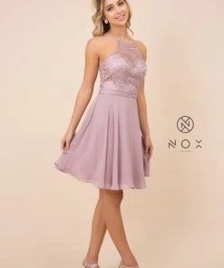 Short Chiffon Dress With Embroidered Bodice By Nox Anabel Y629 Prom