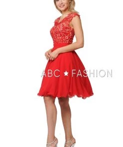 Short Chiffon Dress With Floral Lace Appliques By Poly USA 8094