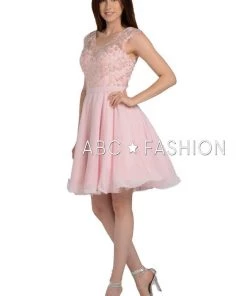 Short Chiffon Dress With Floral Lace Appliques By Poly USA 8094