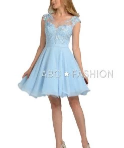 Short Chiffon Dress With Floral Lace Appliques By Poly USA 8094