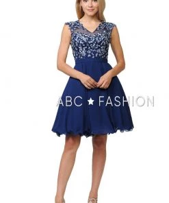 Short Chiffon Dress With Floral Lace Appliques By Poly USA 8094