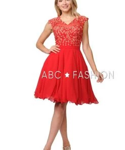 Short Chiffon Dress With Floral Lace Appliques By Poly USA 8094