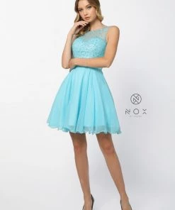Short Chiffon Dress With Sequined Bodice By Nox Anabel 6163 Prom
