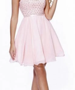 Short Chiffon Dress With Sequined Bodice By Nox Anabel 6163 Prom