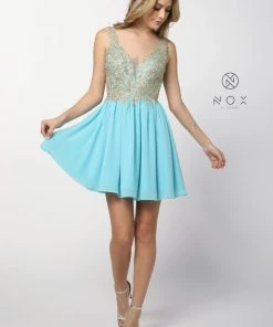 Short Chiffon Lace Applique Dress By Nox Anabel 6291 Prom 15 Short Chiffon Lace Applique Dress By Nox Anabel 6291 Prom