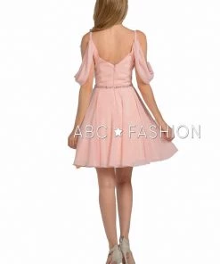 Short Cold Shoulder Dress With Beaded Waistband By Poly USA 8190