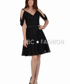 Short Cold Shoulder Dress With Beaded Waistband By Poly USA 8190