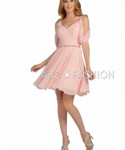 Short Cold Shoulder Dress With Beaded Waistband By Poly USA 8190