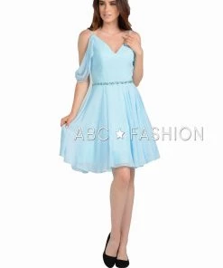 Short Cold Shoulder Dress With Beaded Waistband By Poly USA 8190