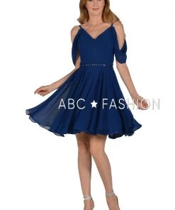 Short Cold Shoulder Dress With Beaded Waistband By Poly USA 8190