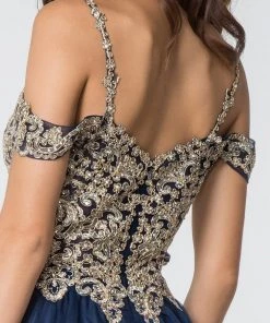 Short Cold Shoulder Dress With Gold Appliques By Elizabeth K GS2808 Prom