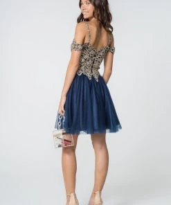 Short Cold Shoulder Dress With Gold Appliques By Elizabeth K GS2808 Prom