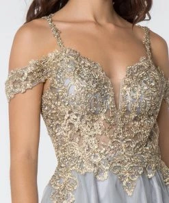 Short Cold Shoulder Dress With Gold Appliques By Elizabeth K GS2808 Prom