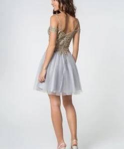 Short Cold Shoulder Dress With Gold Appliques By Elizabeth K GS2808 Prom