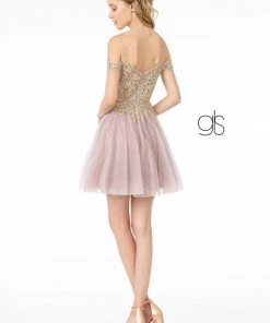 Short Cold Shoulder Dress With Gold Appliques By Elizabeth K GS2808 Prom