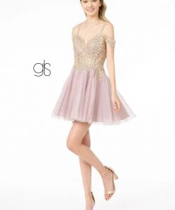 Short Cold Shoulder Dress With Gold Appliques By Elizabeth K GS2808 Prom