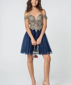Short Cold Shoulder Dress With Gold Appliques By Elizabeth K GS2808 Prom