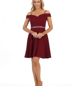 Short Cold Shoulder Dress With Jeweled Waist By Celavie 6395S Prom