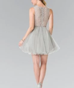 Short Dress With Lace Bodice And Sheer Waistline By Elizabeth K GS1427
