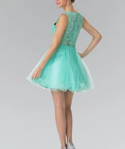 Short Dress With Lace Bodice And Sheer Waistline By Elizabeth K GS1427