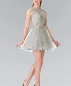 Short Dress With Lace Bodice And Sheer Waistline By Elizabeth K GS1427