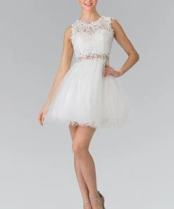 Short Dress With Lace Bodice And Sheer Waistline By Elizabeth K GS1427