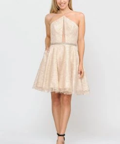 Prom Short Floral Glitter Dress With Illusion Cutout By Poly USA 8506 16 Prom Short Floral Glitter Dress With Illusion Cutout By Poly USA 8506