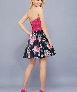 Short Floral Print Dress With Fuchsia Lace Top By Nox Anabel 6270