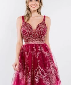 Short Glitter Print V-Neck Dress By Elizabeth K GS1965 Prom