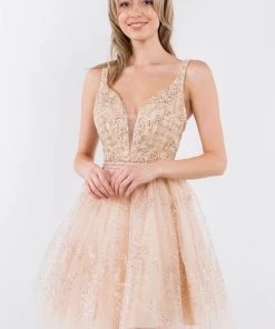 Short Glitter Print V-Neck Dress By Elizabeth K GS1965 Prom