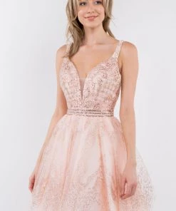 Short Glitter Print V-Neck Dress By Elizabeth K GS1965 Prom