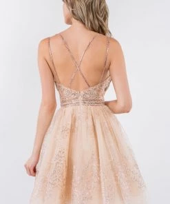 Short Glitter Print V-Neck Dress By Elizabeth K GS1965 Prom