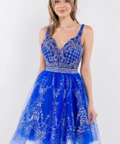 Short Glitter Print V-Neck Dress By Elizabeth K GS1965 Prom