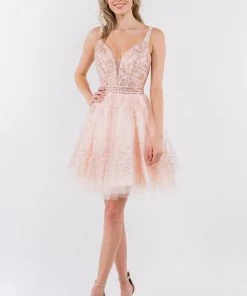 Short Glitter Print V-Neck Dress By Elizabeth K GS1965 Prom