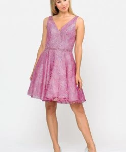 Short Glitter Print V-Neck Dress With Pockets By Poly USA 8504 Prom